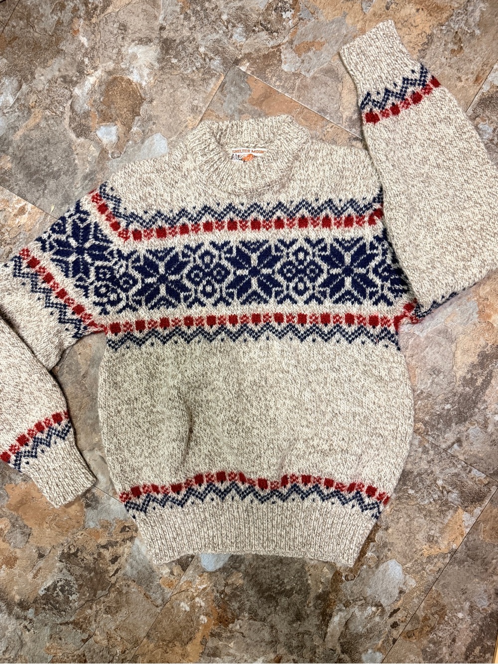 Vintage Shelter Mountain Fair Isle Wool Sweater with Navy & Red Pattern -